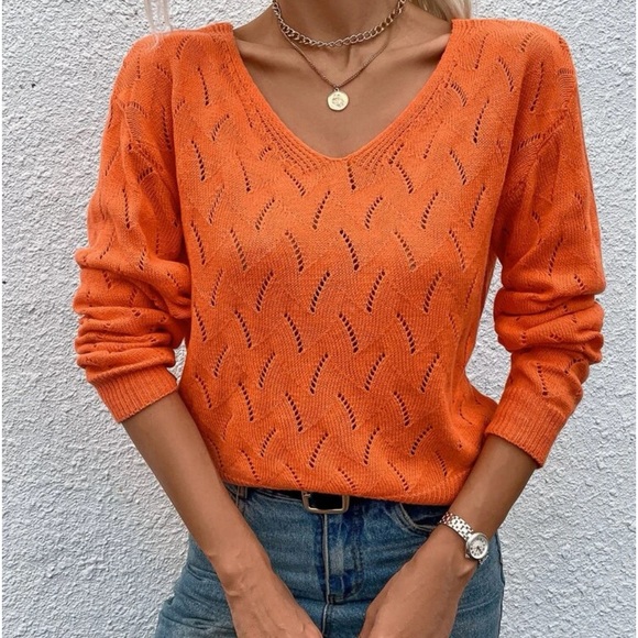 New orange v neck knit long sleeve sweater - Picture 5 of 6